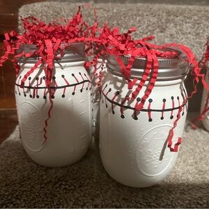 Decorative White Mason Jars Baseball theme with Red Accents